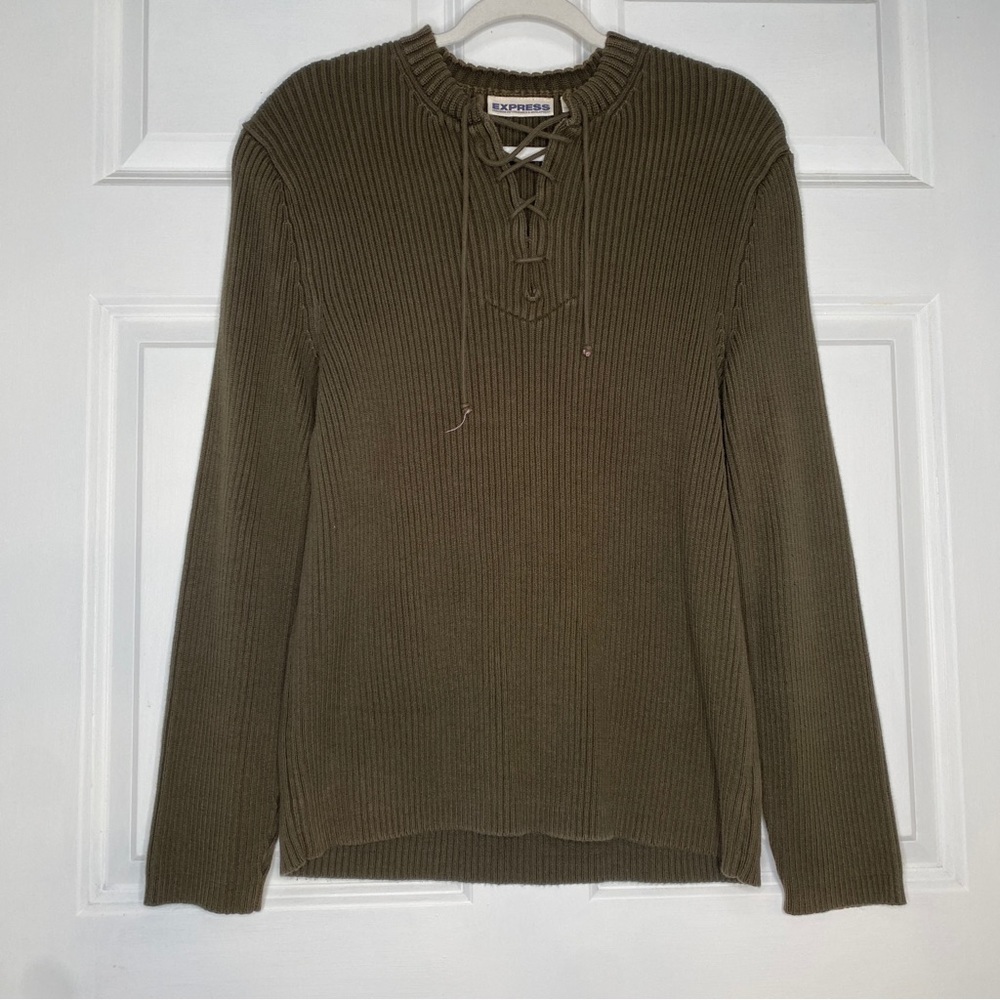 Vintage Express Olive Green Ribbed Knit Heavy Sweater Lace Up Neck Size XL